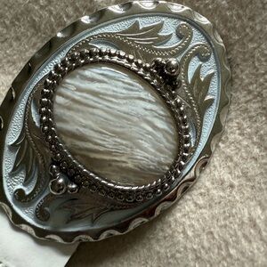 Braided White Belt with Silver and White Oval Belt Buckle